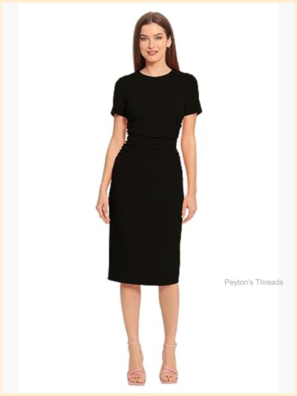Ruched Waist Crepe Sheath Dress with Jewel Neck Short Sleeves Workwear - Picture 4 of 5